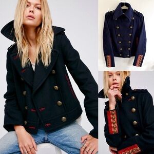 New Free People City Limits Navy Blue Wool Peacoat